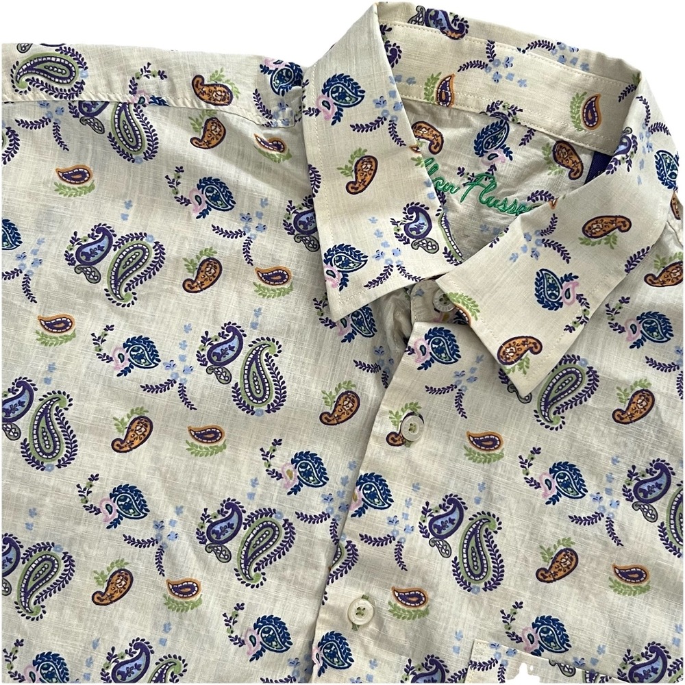 Alan Flusser Shirt Men L  Button Down All Over Paisley Boho‎ Western Mod 90s Y2K